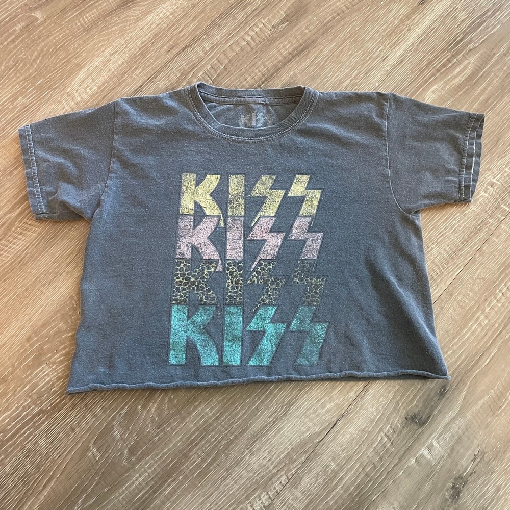 KISS Womens T Shirt Medium Gray Cotton Cropped Raw Hem Graphic Rock Band Tee